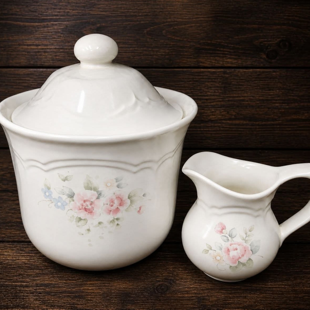 White Floral Ceramic Sugar Bowl and Creamer Set